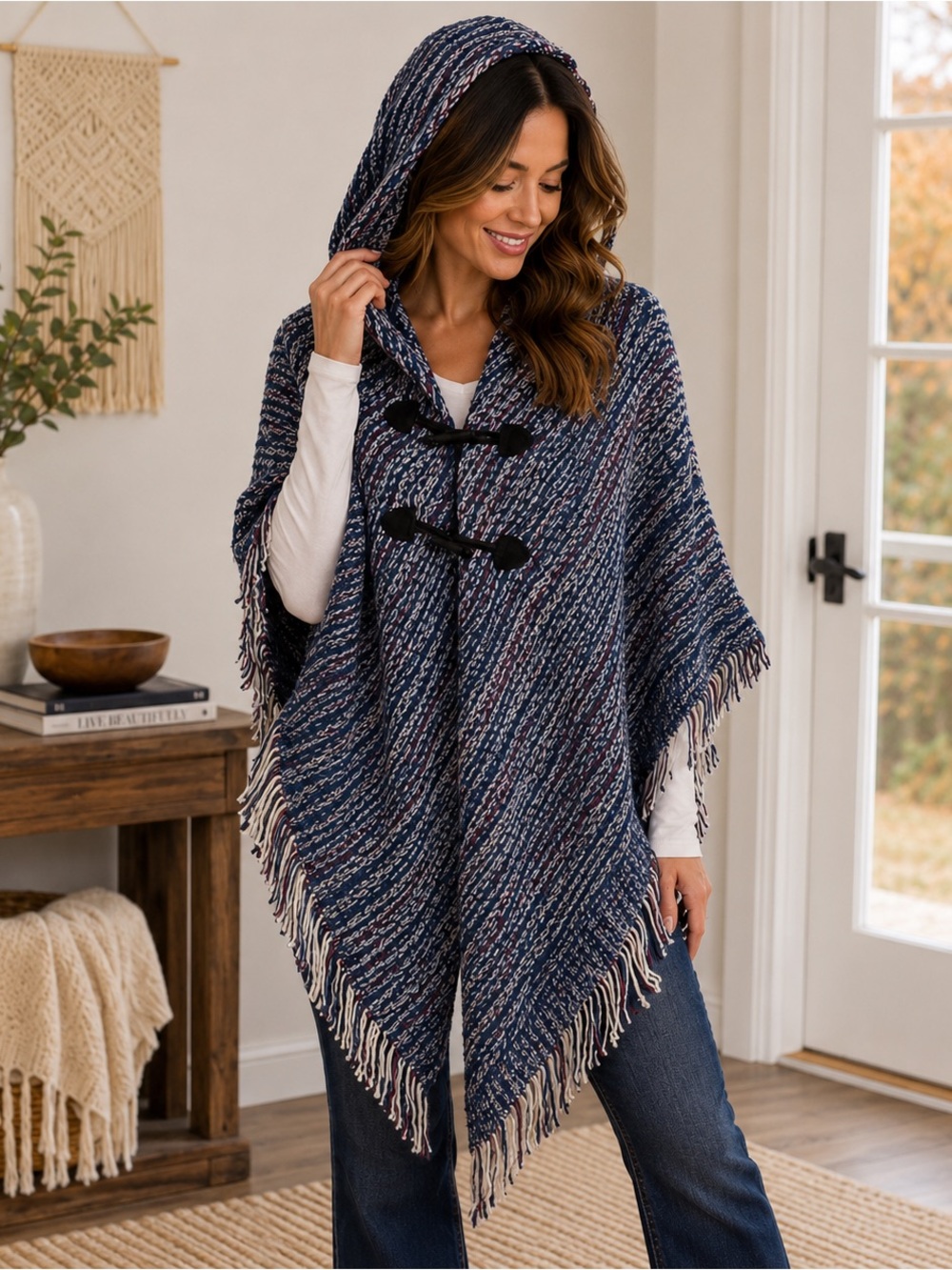 NWT New Directions Women’s Hooded Poncho Cape OS Blue Fringe Toggle Boho